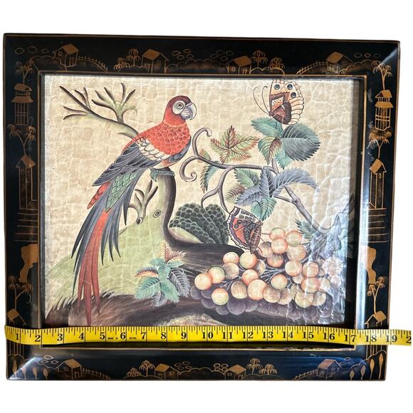 Vintage Asian Art Lacquered Panel Hand-Painted Scene Parrot Butterflies & Grapes - Picture 3 of 10